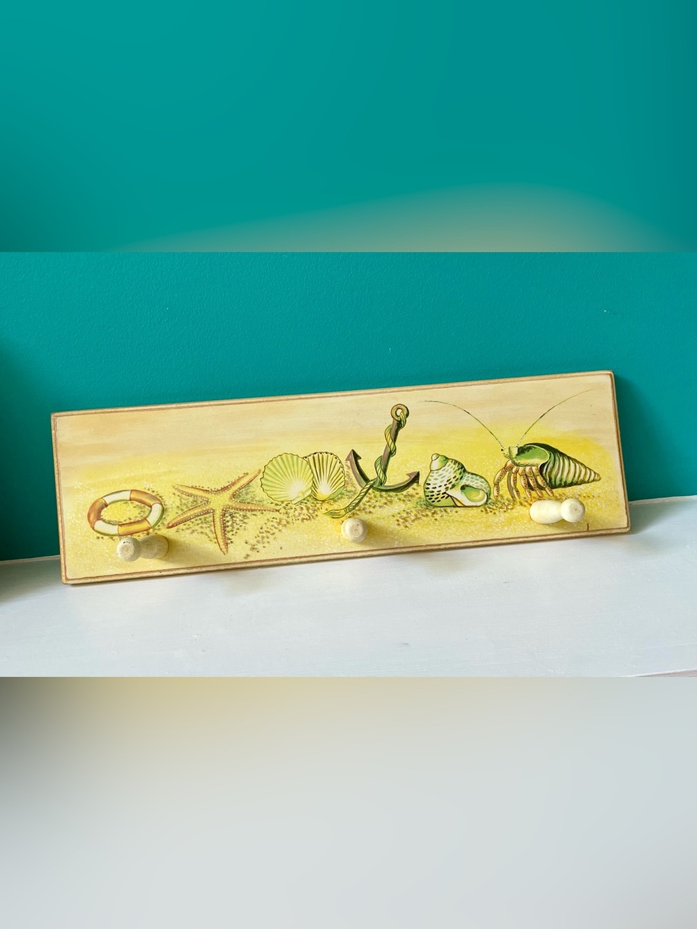 Coastal Beach-Themed Wooden Wall Hook Rack | Nautical Decor | 3 Hooks